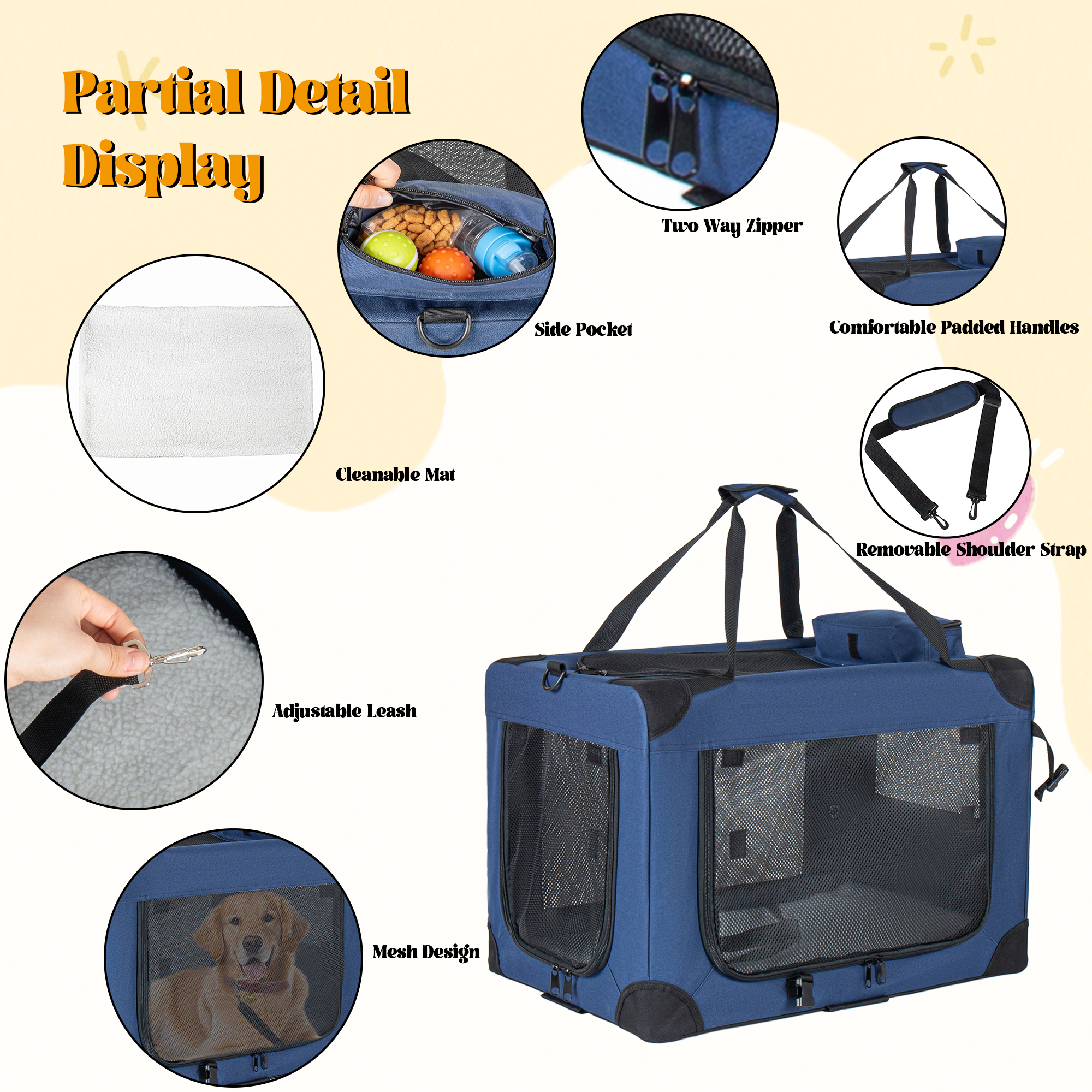 40 Soft Dog Crates Kennel, 3-Door Portable Folding Pet Carrier With Mesh Windows, Straps And Fleece Mat For Dogs, Cats, Rabbits, Meeting The Needs For Indoor, Outdoor, And Travel Use, Dark Blue — imagen 5