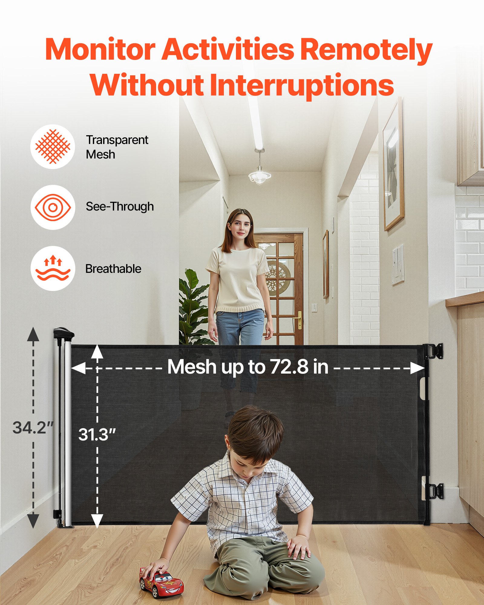 Retractable Baby Gate, Extends To 72.8 Inch Wide, 31.3 Inch Tall, With Security Lock, Easy To Use, Walk Through Without Tripping, Mesh Dog Gate For Stairs, Hallways, Indoor/Outdoor, Black — imagen 4