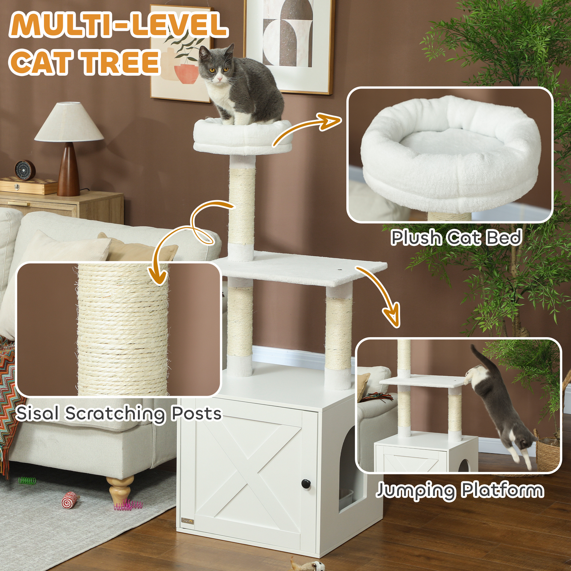 Árbol para Gatos con Encierro de Lecho, Postes de Rasguñar, Cama y Plataformas de Escalada para Gatos Domésticos, Blanco — imagen 3