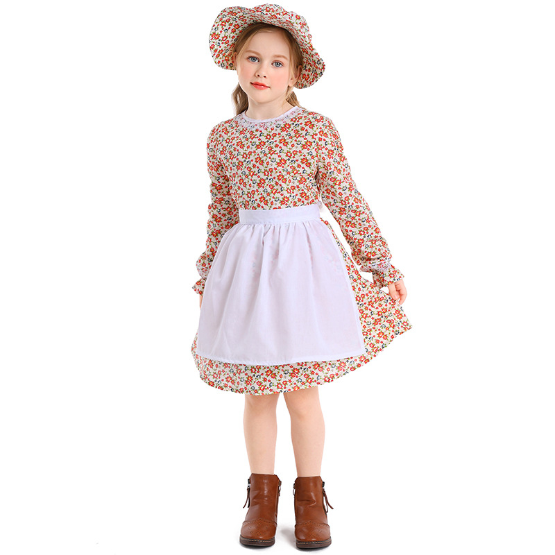 Children's Floral Maid Dress Vintage Farm Girl Stage Performance Costume Halloween Cosplay Outfit — image 6