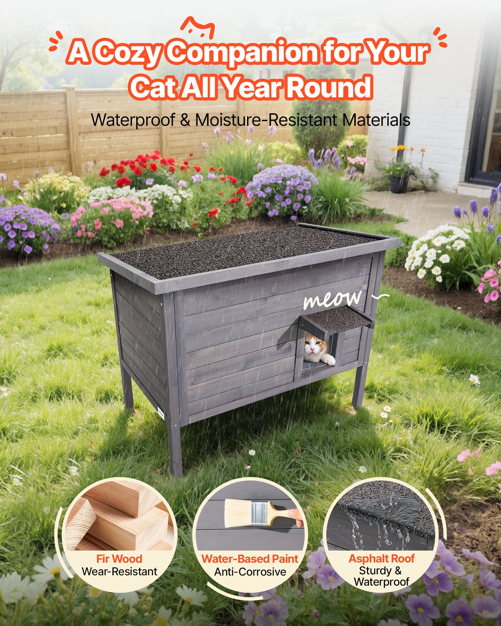 Casa Caliente para Gatos, Casa de Madera Aislada para Gatos Ferales al Aire Libre con Plancha de Calentamiento y Puerta de PVC — imagen 4