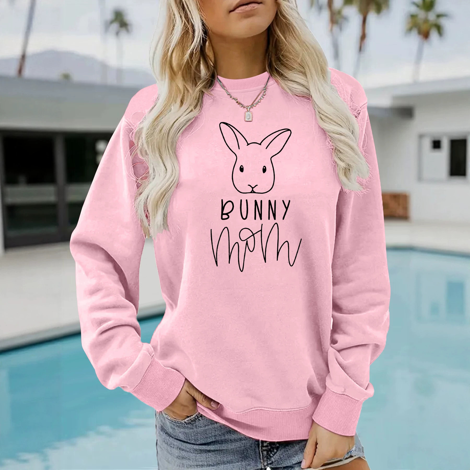 Rabbit and letter printed round neck fleece hoodie — image 3