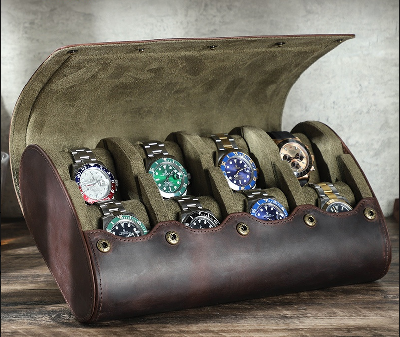 Vintage Crazy Horse Leather 8-Piece Shockproof Watch Storage Box, Portable Genuine Leather Watch Case for Travel — image 1