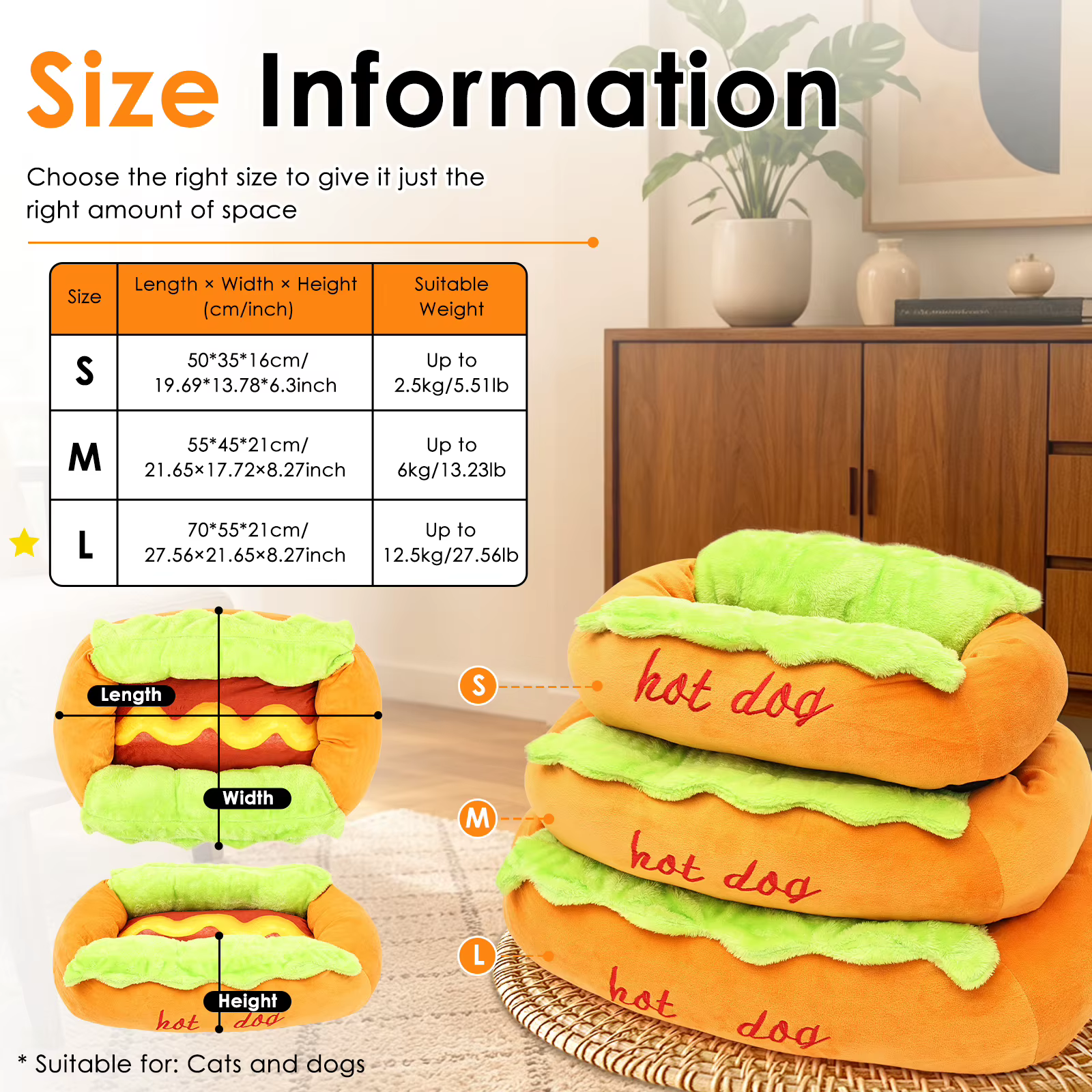 Cama para perro con diseño de pan de hot dog, suave, cómoda, con funda exterior desmontable y lavable, antideslizante, sofá para perros, suministros para mascotas — imagen 3