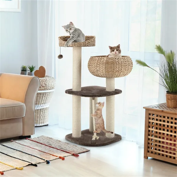 Árbol de Gato tejido a mano con juncos de Hyacinth acuático, 3 postes de sisal para rascar centros de actividad multi-nivel para gatos-Marrón — imagen 2