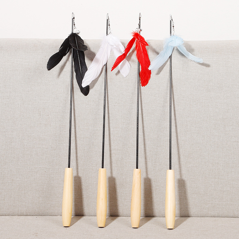 New Pet Products Wood Handle Carbon Fiber Rod Two Section Telescopic Cat Stick Monochrome Feather Bell Cat Toy — image 3