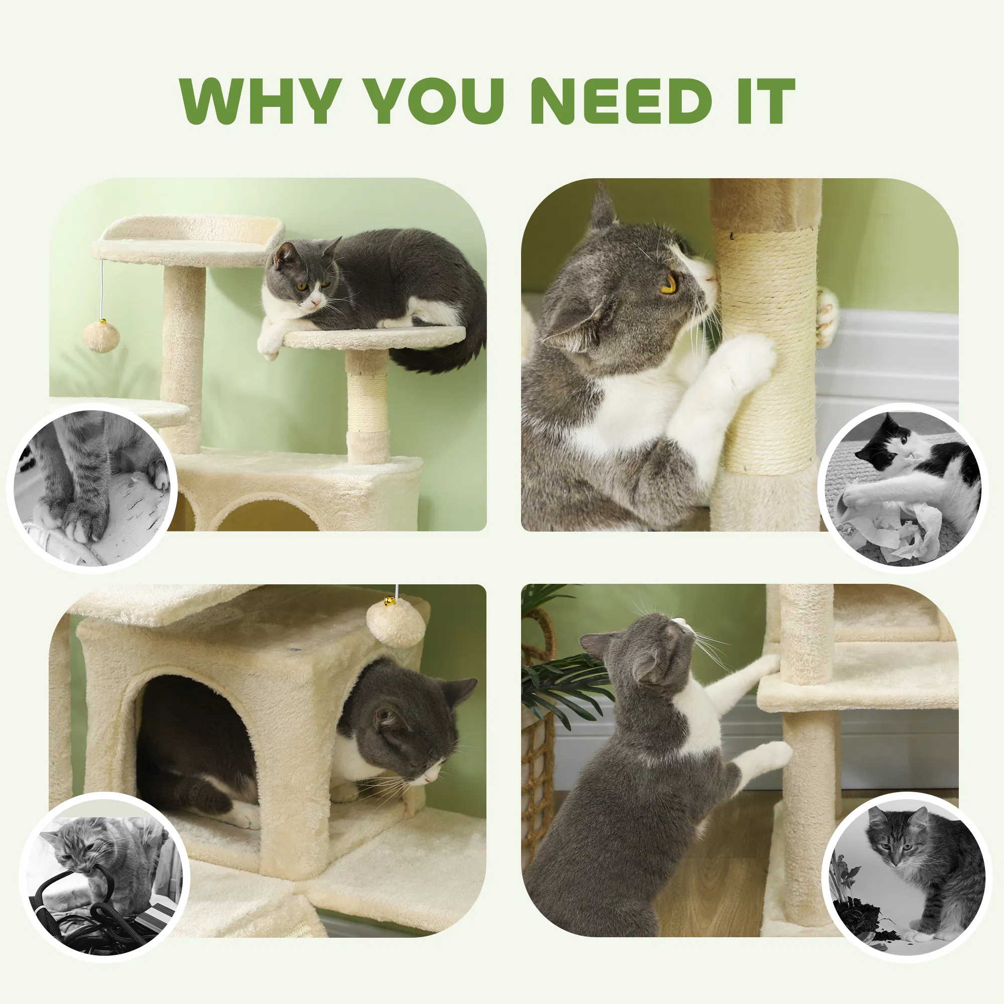 54" Cat Tree, Multi-Level Cat Tower with Scratching Posts, Cat Condos, Bed, Platforms, Ramp, Toy Ball, Beige — image 2
