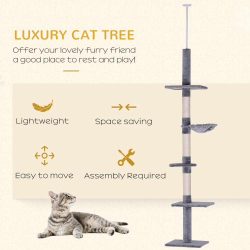PawHut 9' Adjustable Height Floor-To-Ceiling Vertical Cat Tree - Grey And White — image 4