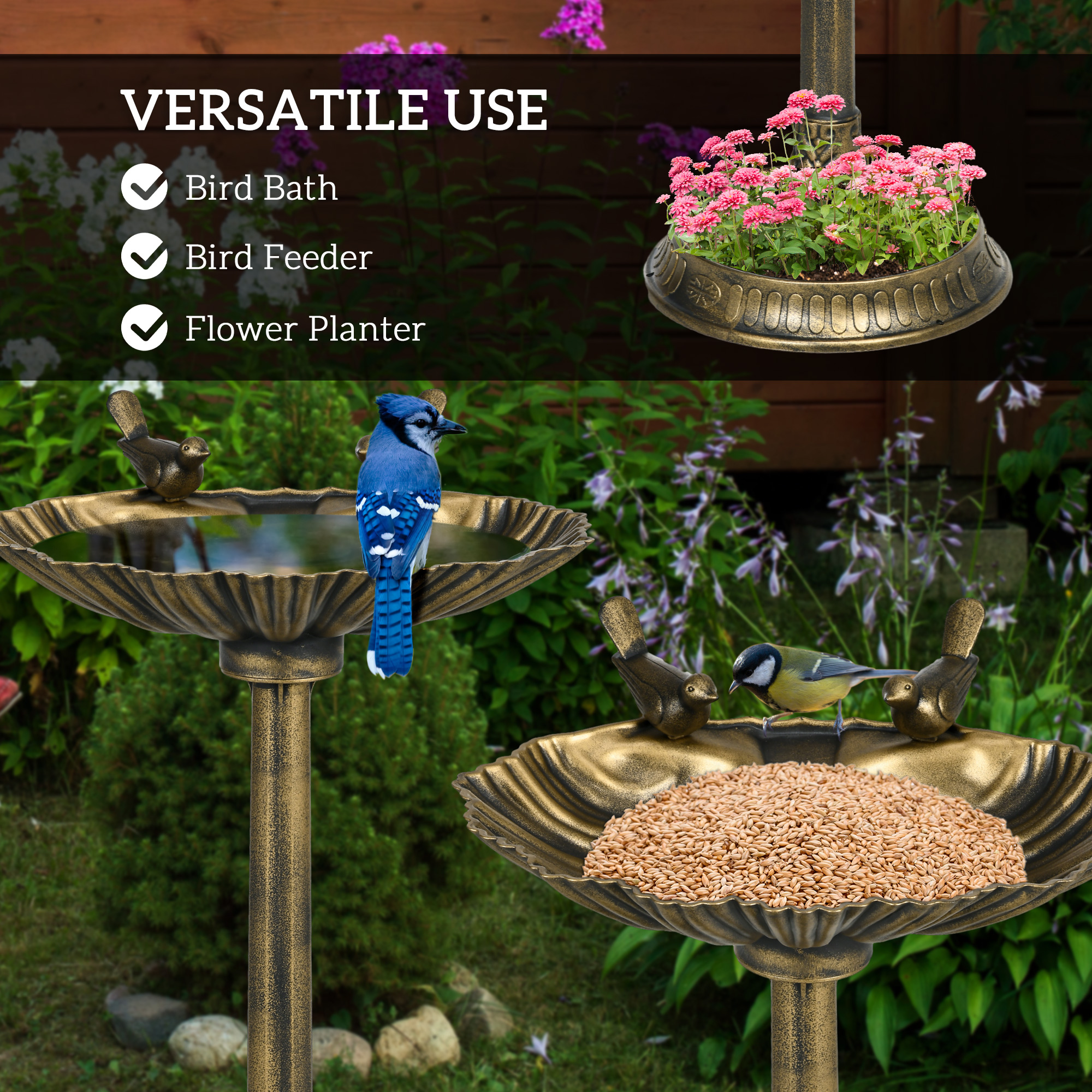 Bebedero para Aves Antiguo Decorativo de 32", Comedero para Aves con Pedestal Macetero y Estatuas de Pájaros, Bronce — imagen 5