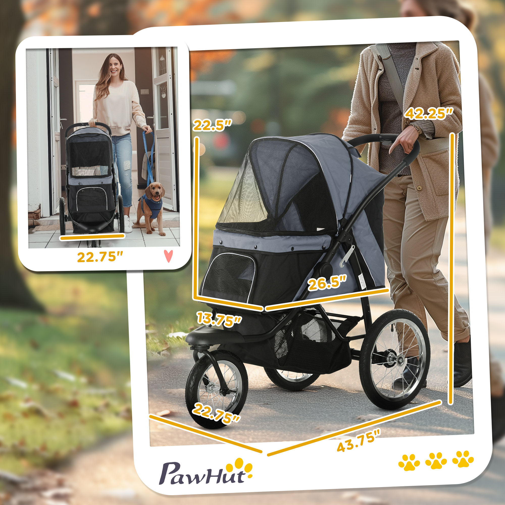 3 Wheels Pet Stroller for Small Dogs and Medium Dogs with Adjustable Canopy, Safety Tether, Storage Basket, Gray — imagen 6