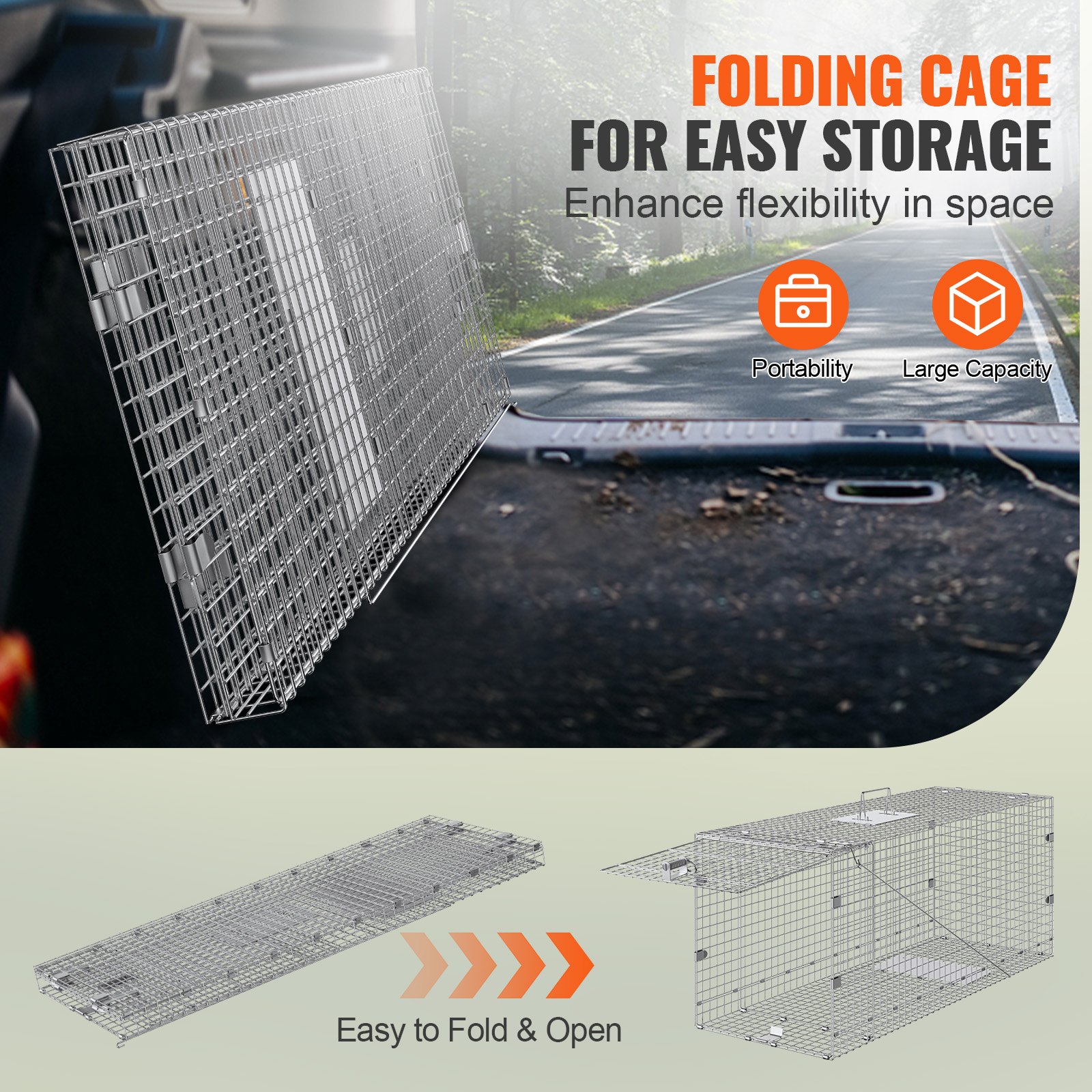 VEVOR Live Animal Cage Trap, Humane Cat Trap Galvanized Iron, Folding Animal Trap With Handle For Stray Dogs, Armadillos, Raccoons, Marmots, Foxes — imagen 3