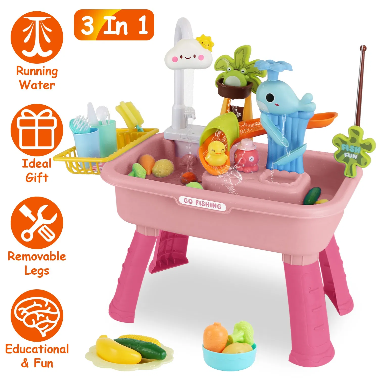 Juguete de Fregadero de Cocina 3 en 1 con Grifo Eléctrico, Mesa de Agua y Juego de Pesca, Set de Juego de Rol para Interior y Exterior, para Niños GPCT5464 — imagen 10
