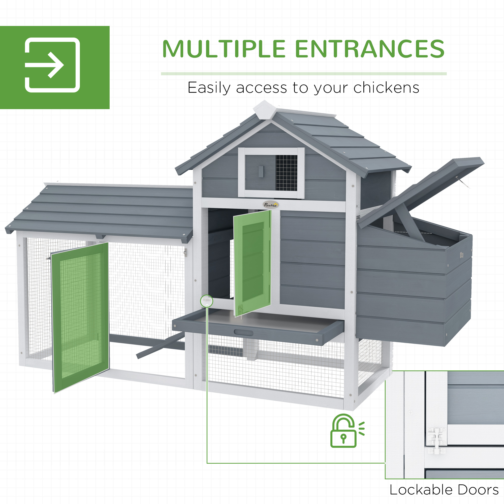 59" Small Wooden Chicken Coop Hen House Poultry Cage for Outdoor Backyard with 2 Doors, Nesting Box and Removable Tray, White — imagen 8