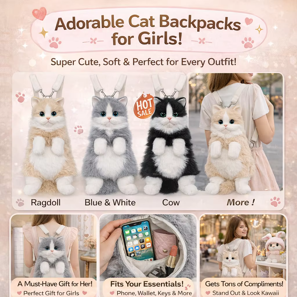 Cute Cat Backpack for Girls, Kawaii Plush Bag, Soft Animal Crossbody Bag for School, Travel & Daily Outfit — image 6
