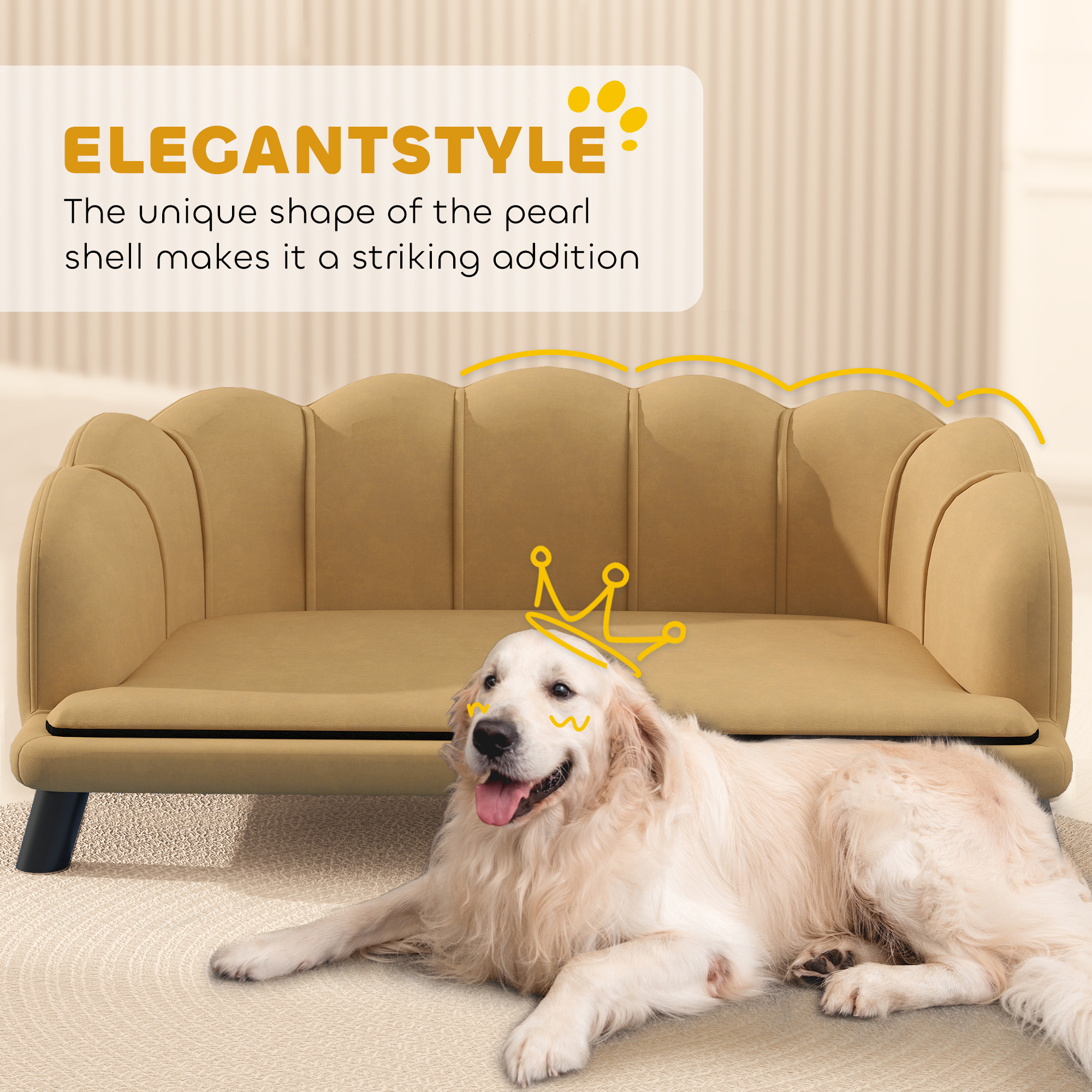 Sofá de Diseño de Perlas para Perros de Mediana y Gran Tamaño, Cama para Mascotas con Almohada y Patas de Madera Dura, Café — imagen 8