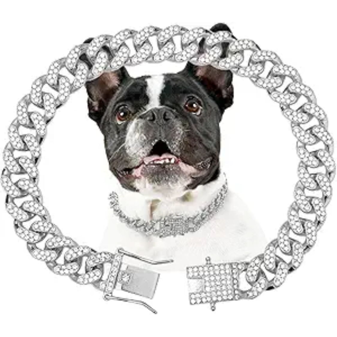 Collar de Perro con Cadena de Enlace Cubano en Plata con Diamantes y Cristales para Perros Grandes y Medianos 13mm Ancho Accesorios de Joyería para Mascotas — imagen 1