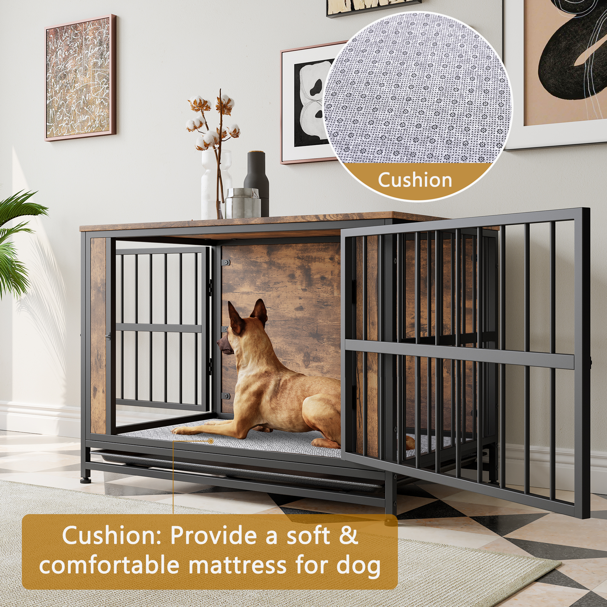 Mueble para Perros, Mesa de Caja para Perros en Madera, 38,9" Casa para Perros con 2 Puertas Deslizantes y Marco de Puerta de Hierro Grueso, Decorativo Refugio para Perros Grande/Medio/Pequeño para Uso Interior (Marrón Rustico) — imagen 8