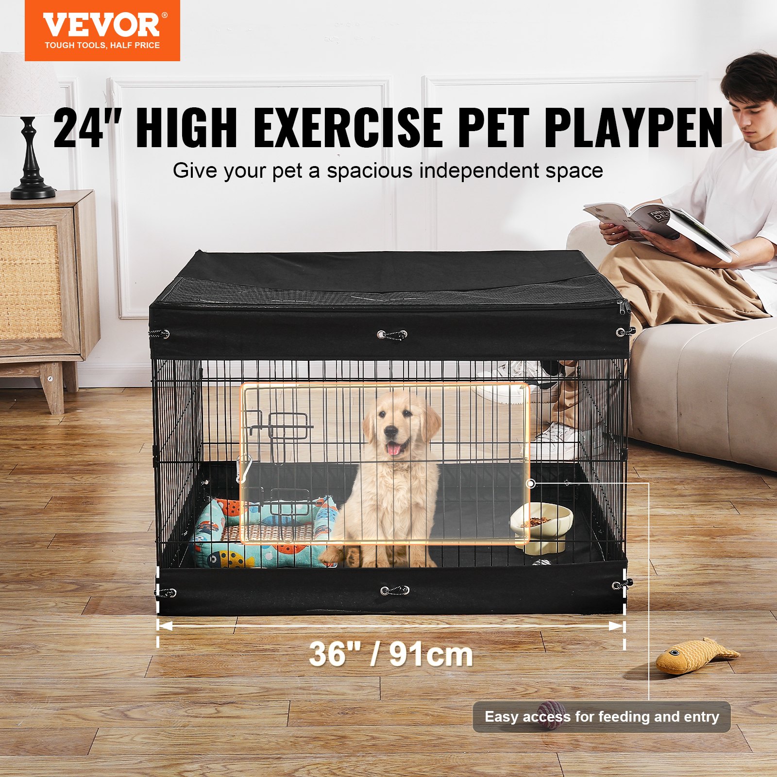 Jaula de Ejercicio para Perros 4 Paneles Reversible Metalo con Cubierta de Base y Techo con Zipper — imagen 3