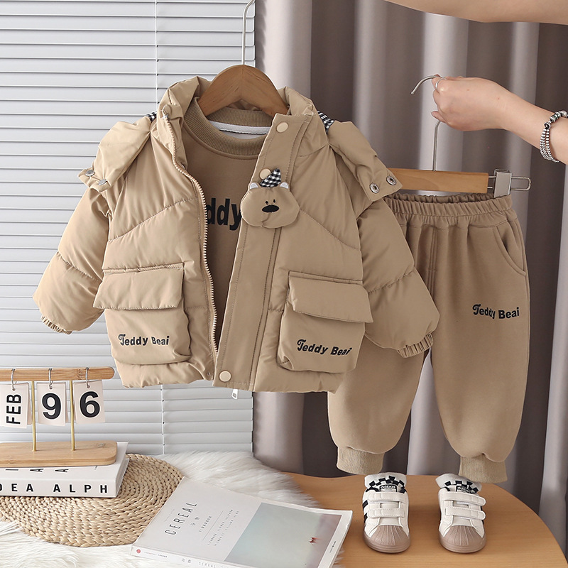 Boys Winter Fleece Lined Thickened Cotton Jacket Three-Piece Set with Cute Bear Head Pattern — image 2
