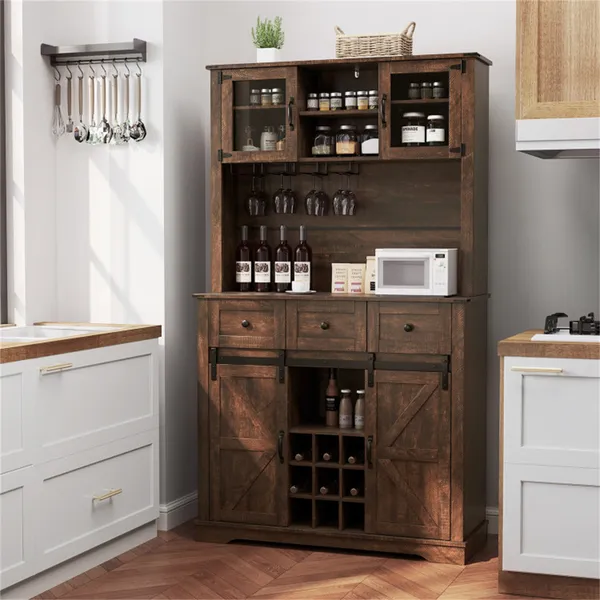 Armario de Pantry Farmhouse marrón de 72" con Hutch, Puertas de Cerradura y Estantería para Vino — imagen 3