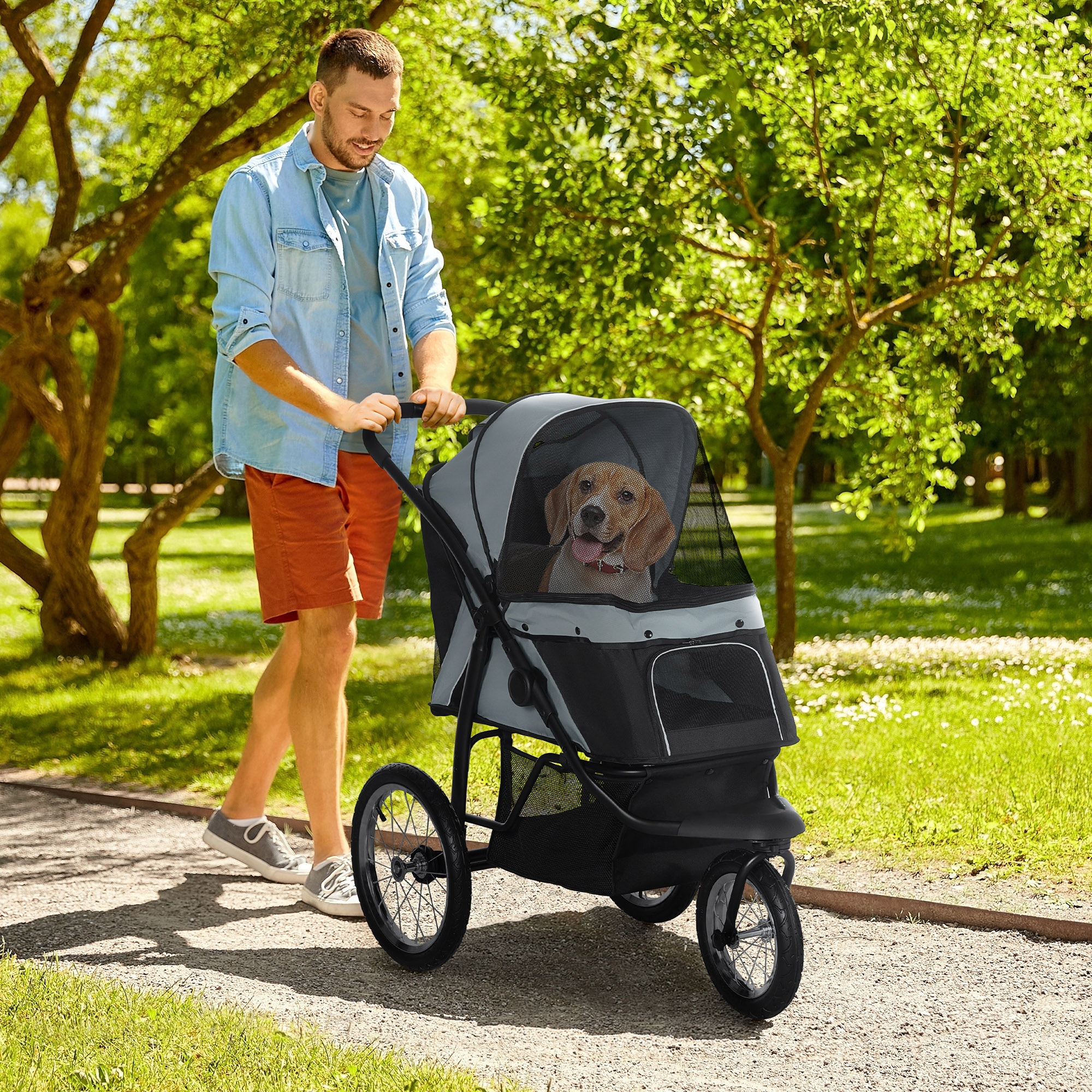 3 Wheels Pet Stroller for Small Dogs and Medium Dogs with Adjustable Canopy, Safety Tether, Storage Basket, Gray — imagen 1