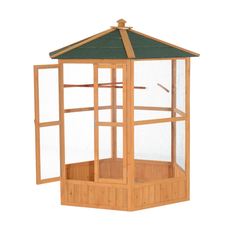 PawHut 69 Wooden Hexagonal Outdoor Aviary Flight Bird Cage With Covered Roof, BrownFor Multiple Packages, Please Pay Attention To The Detailed Dimensions And Weight Of Each Package — image 7