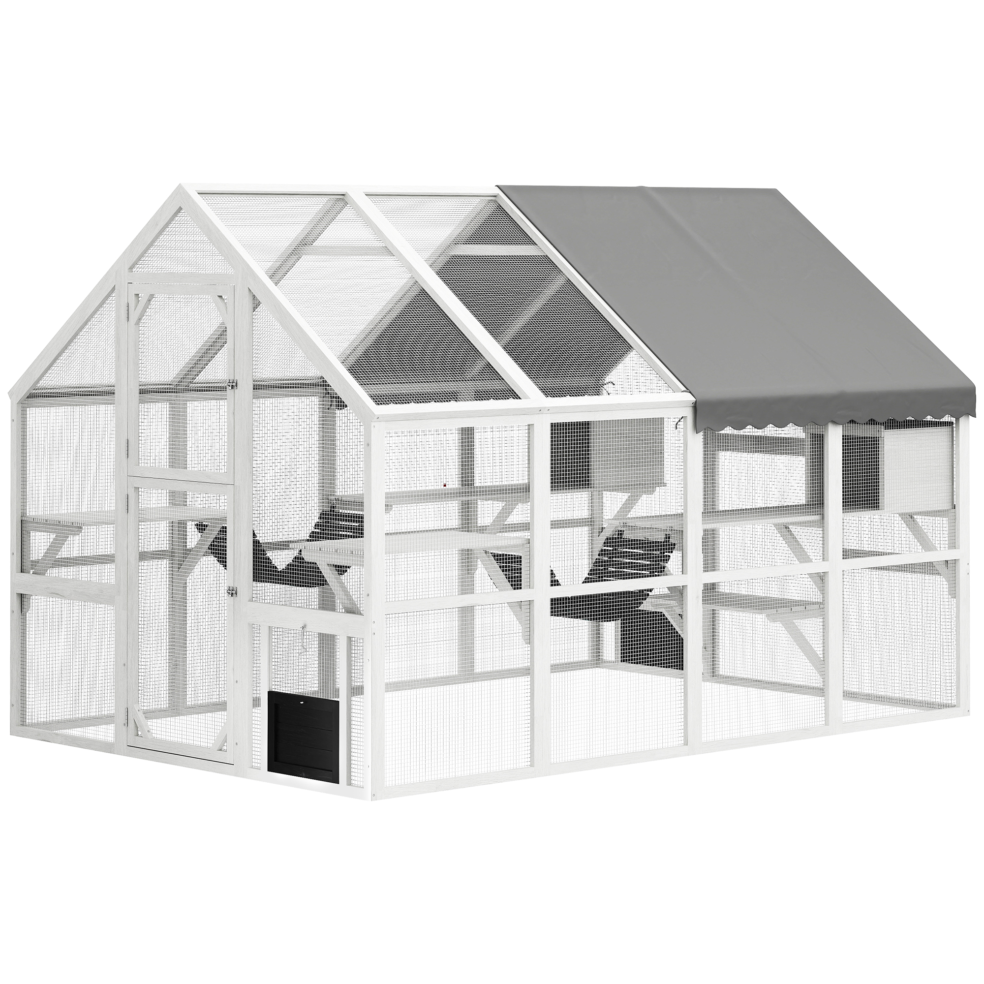Wooden Catio Outdoor Cat Enclosure With Waterproof Cover, 2 Condos, 6 Platforms, Bridge, Doors, White — image 6