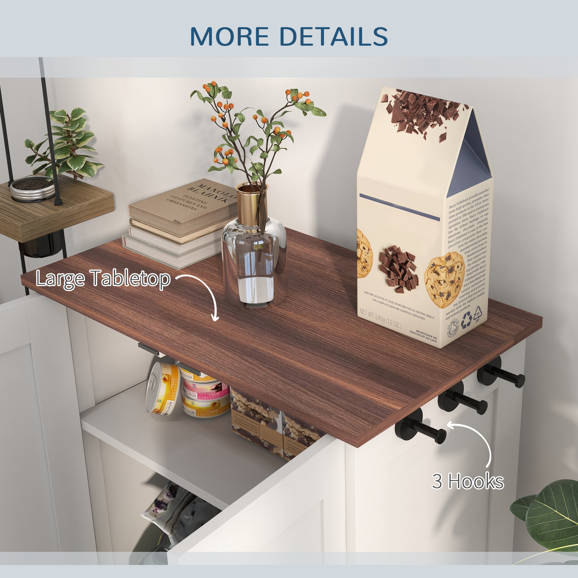 Pet Feeding Station, Dog Food Storage Cabinet w/ Raised Dog Bowls, Adjustable Panel, Hooks for Medium Dogs, White — image 6