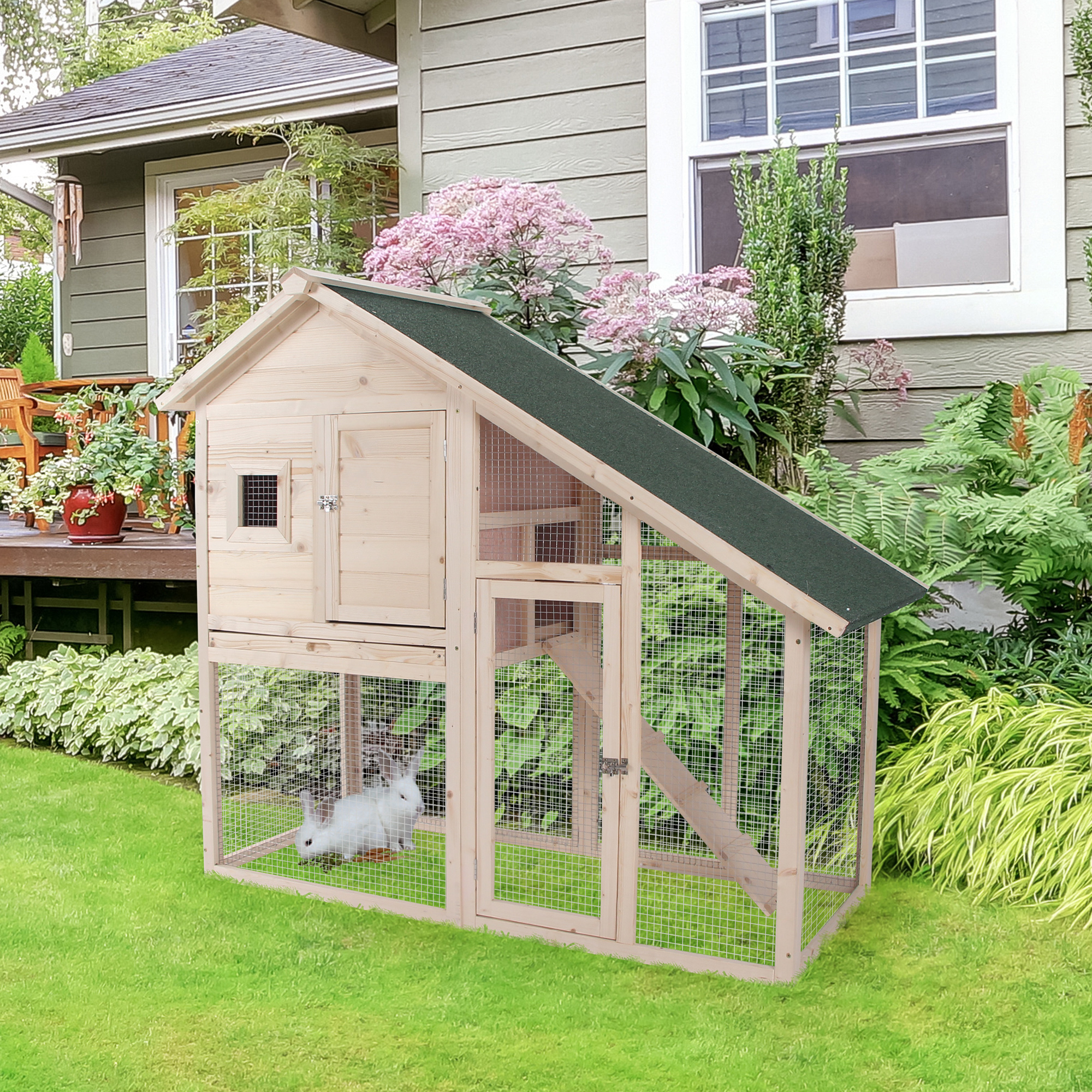 55" L 2-Tier Wooden Rabbit Hutch Bunny Cage — image 3