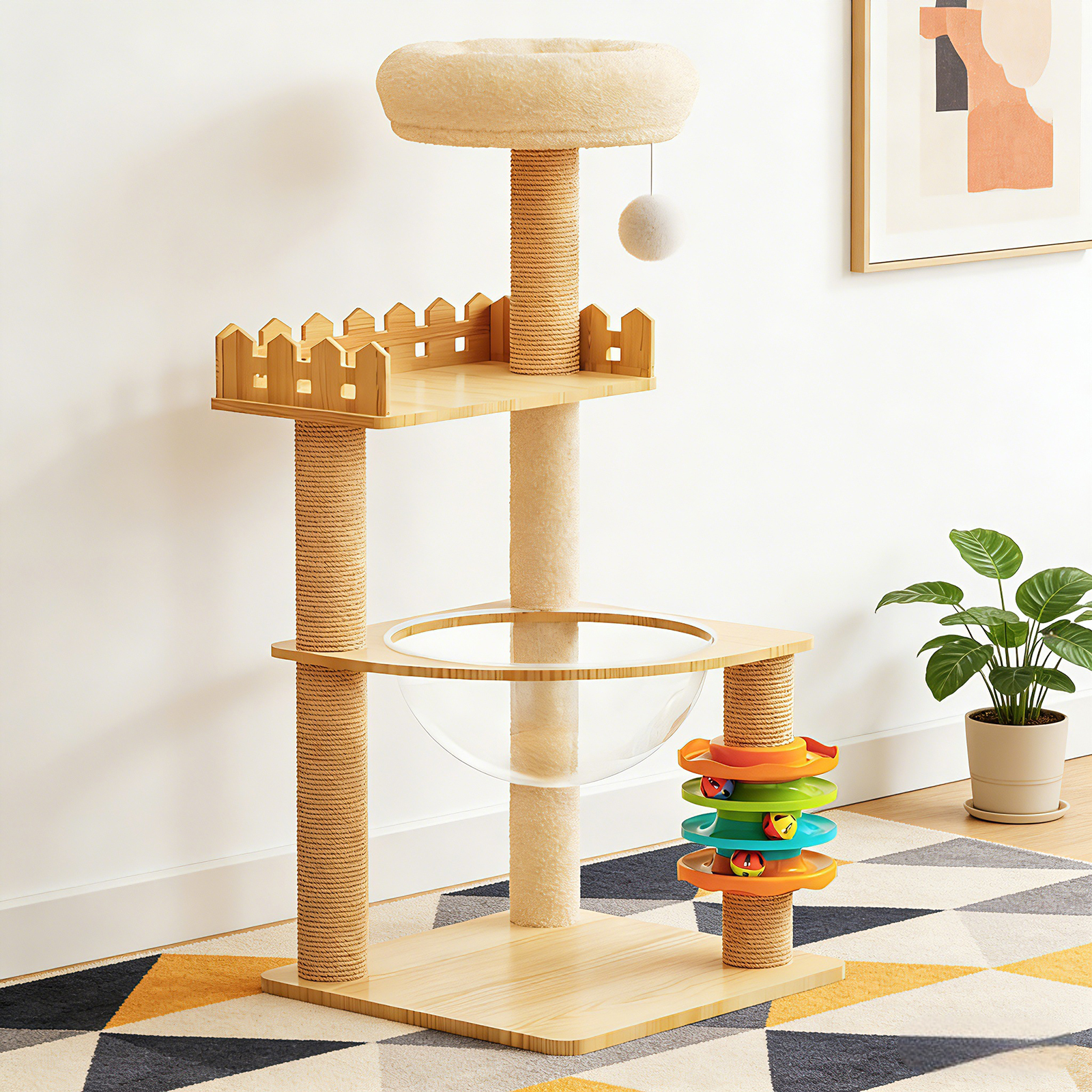 Torre para Gatos Moderna de 39.3", Rascador de Madera para Gatos de Interior, con Postes Rascadores Forrados de Sisal, Percha Superior, Condominio con Hamaca de Acrílico y Juguetes para Gatos Pequeños y Grandes — imagen 1
