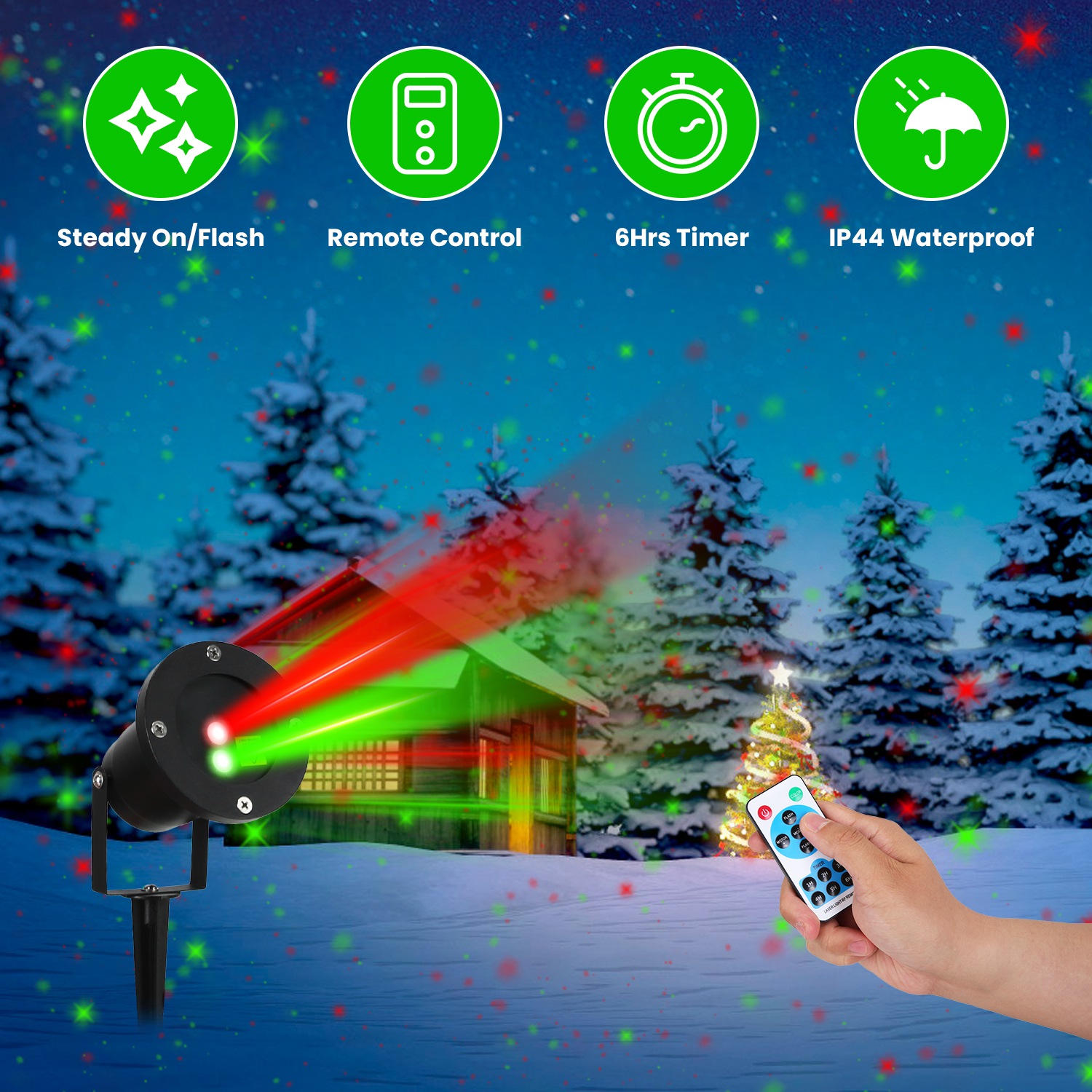 Proyector de Láser Exterior con Proyección Roja y Verde, 3 Modos, 12 Velocidades, 6Hrs Cronómetro IP44 Resistentes a Agua, Fuego de Luciérnaga para Navidad, Halloween, Festividades — imagen 1