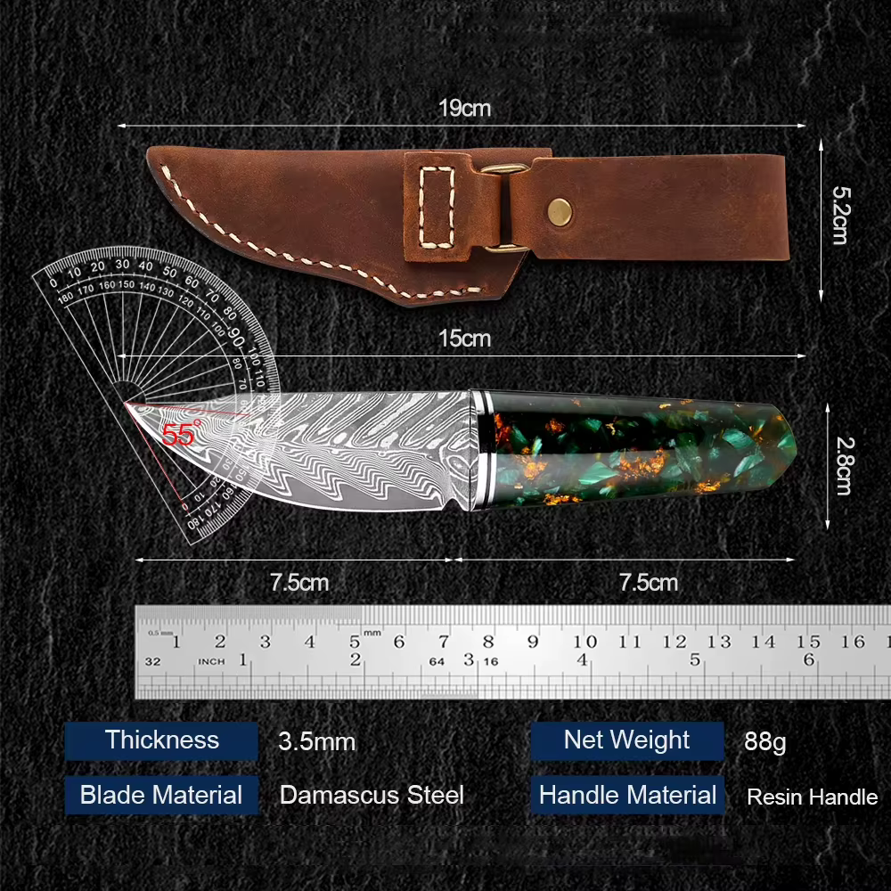 XITUO Outdoor Knife Damascus Steel Sharp Kitchen Paring Knife Camping Barbecue Cutting Knife With Resin Handle Leather Sheath — image 2