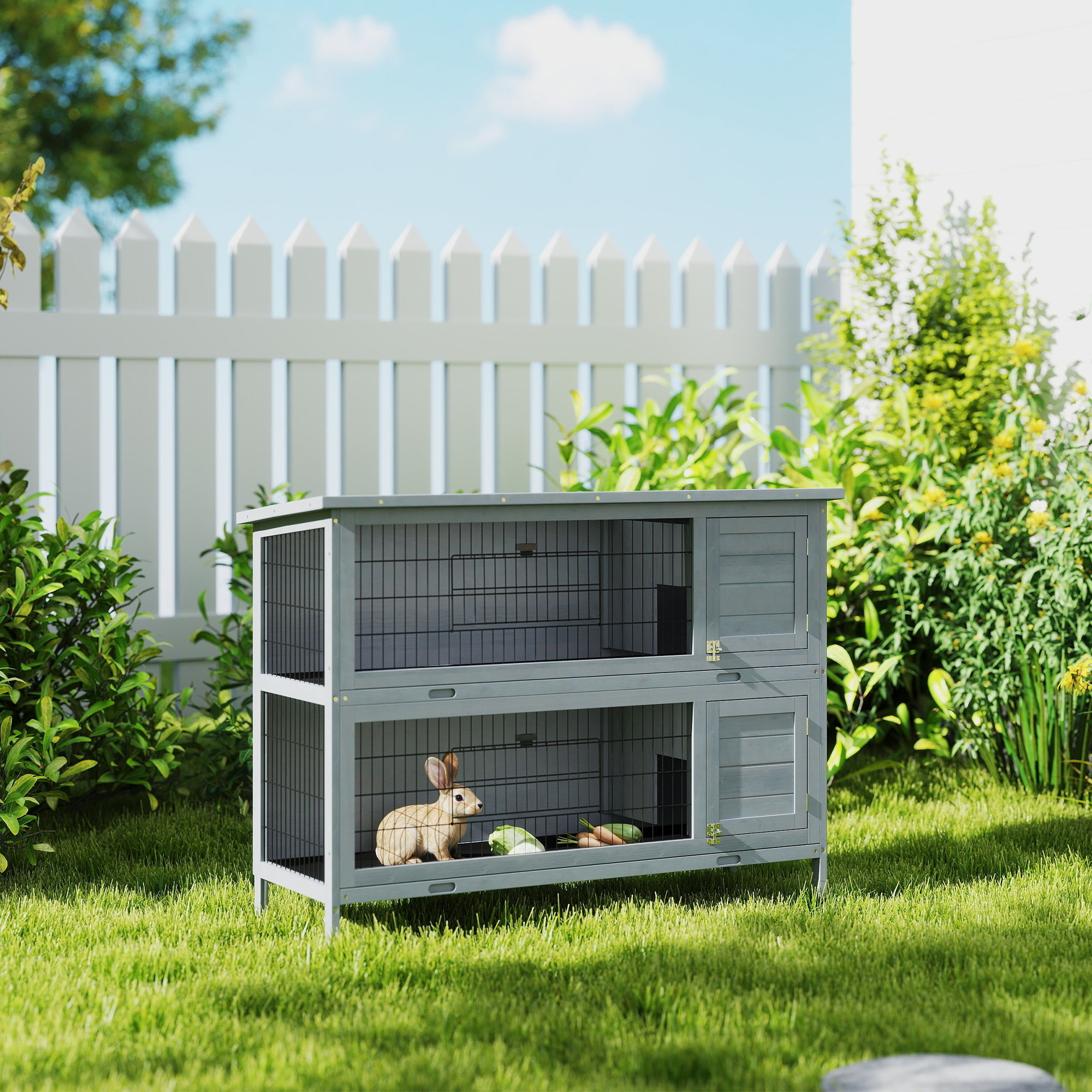 Conejera Grande de Madera de 2 Niveles de 54", Casa para Mascotas, Hábitat para Animales Pequeños con Puertas con Cerradura, Bandeja Antifugas y Techo Impermeable para Conejos, Gallinas y Patos, Interior/Exterior, Gris — imagen 1