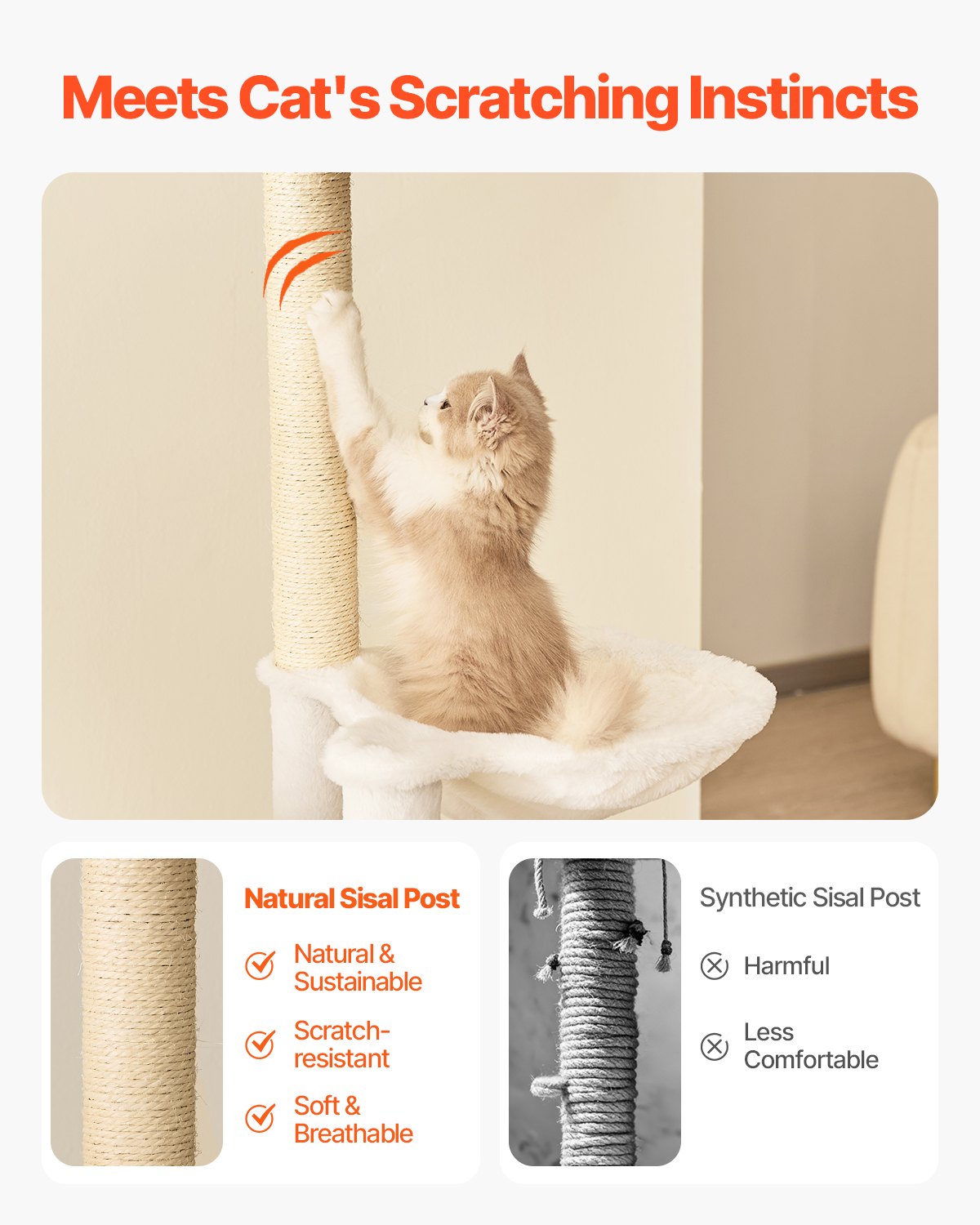 Árbol para Gatos Grande de 68,9 Pulgadas de Alto, Torre para Gatos Multinivel con Perchas Acogedoras y Postes de Escarbar Sisal, Hamaca y Casa para Gatos Grandes para Jugar y Descansar en Interior — imagen 3