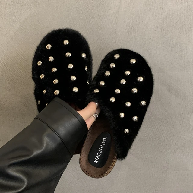 Women Flat Slipper Fashion Rivet Warm Plush Ladies Casual Slip On Mules Shoes Flat Heel Outdoor Dress Slide — image 4