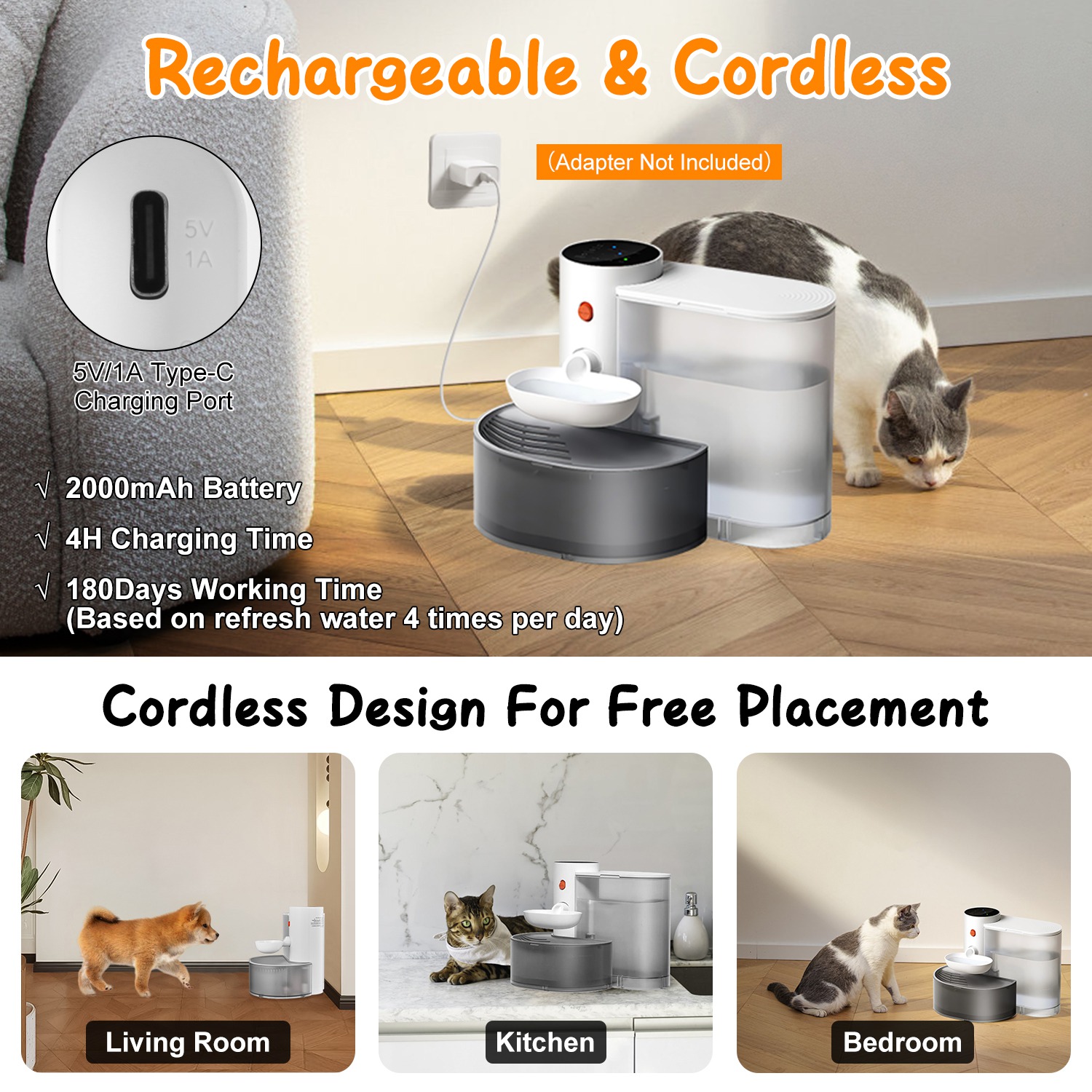 Fuente de Agua Inteligente para Mascotas Dispensador Automático de Agua para Gatos 3L Fuente de Agua para Perros Recargable e Inalámbrica con Autorrelleno, 3 Volúmenes Ajustables, 3 Intervalos de Tiempo y Control Táctil — imagen 12