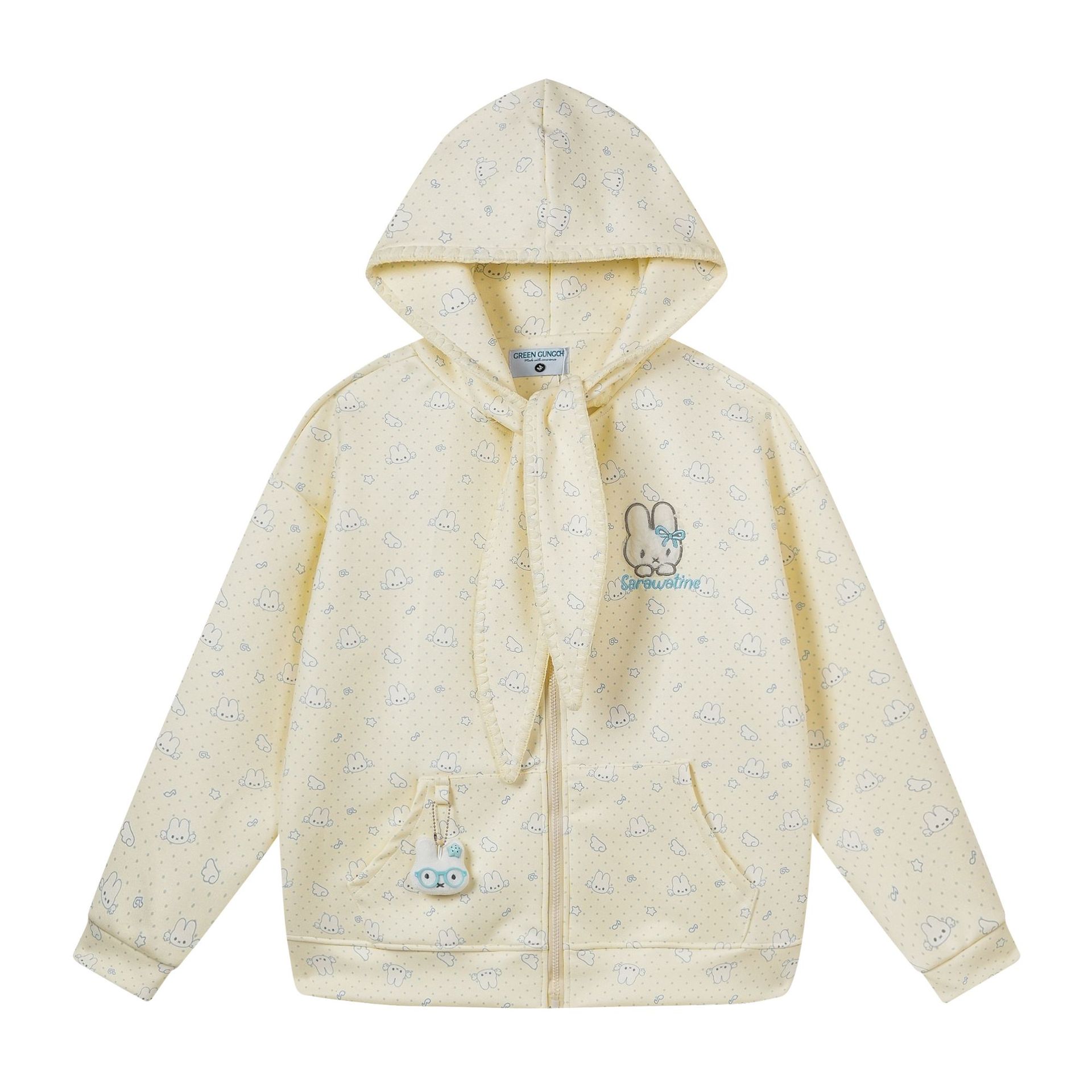 All-Over Print Bunny Hoodie with Rabbit Ear Drawstrings and Pendant Loose Cardigan Jacket — image 1