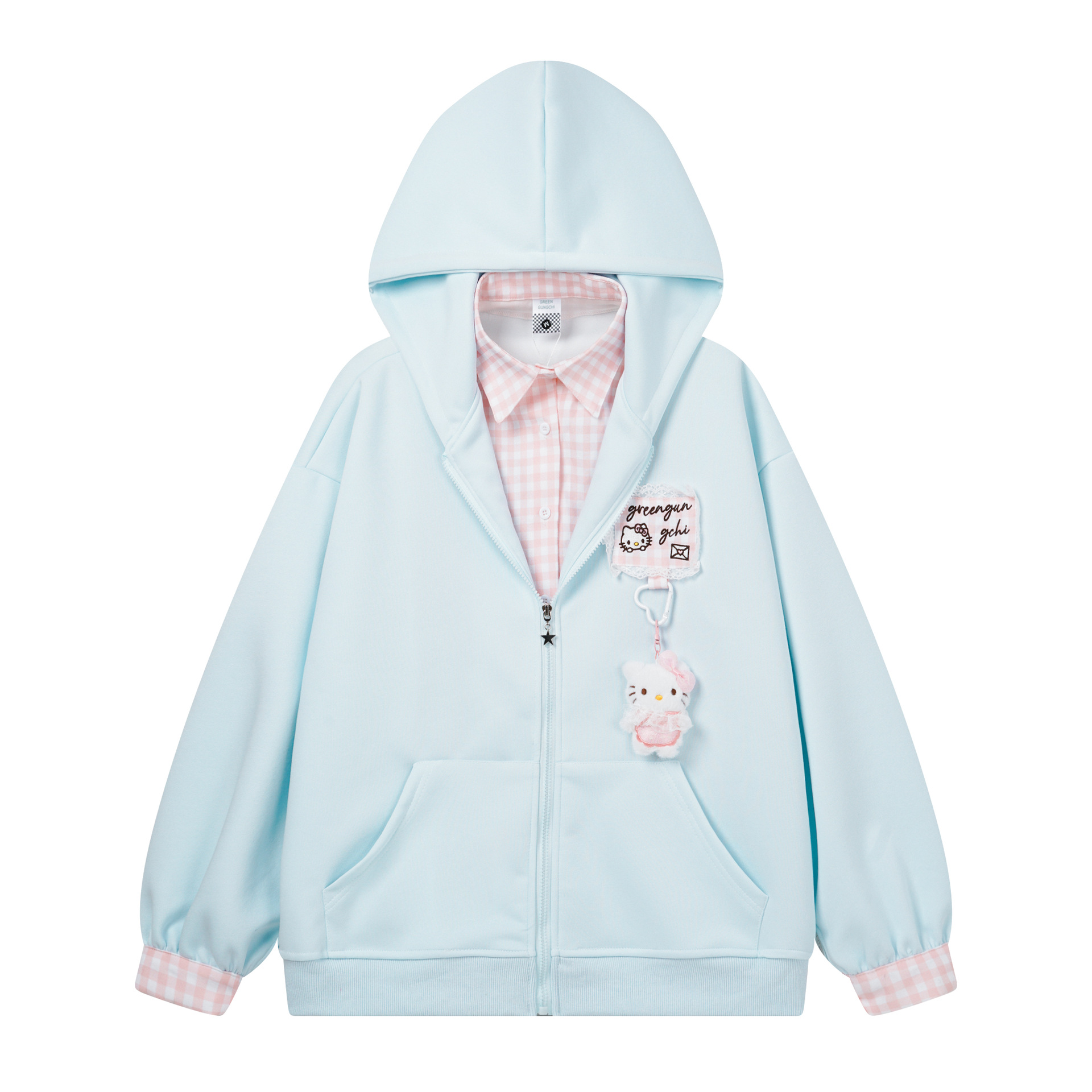 Cute Plaid Patchwork Hooded Sweatshirt with Cat Charm, Fake Two-Piece Cardigan Design — image 2