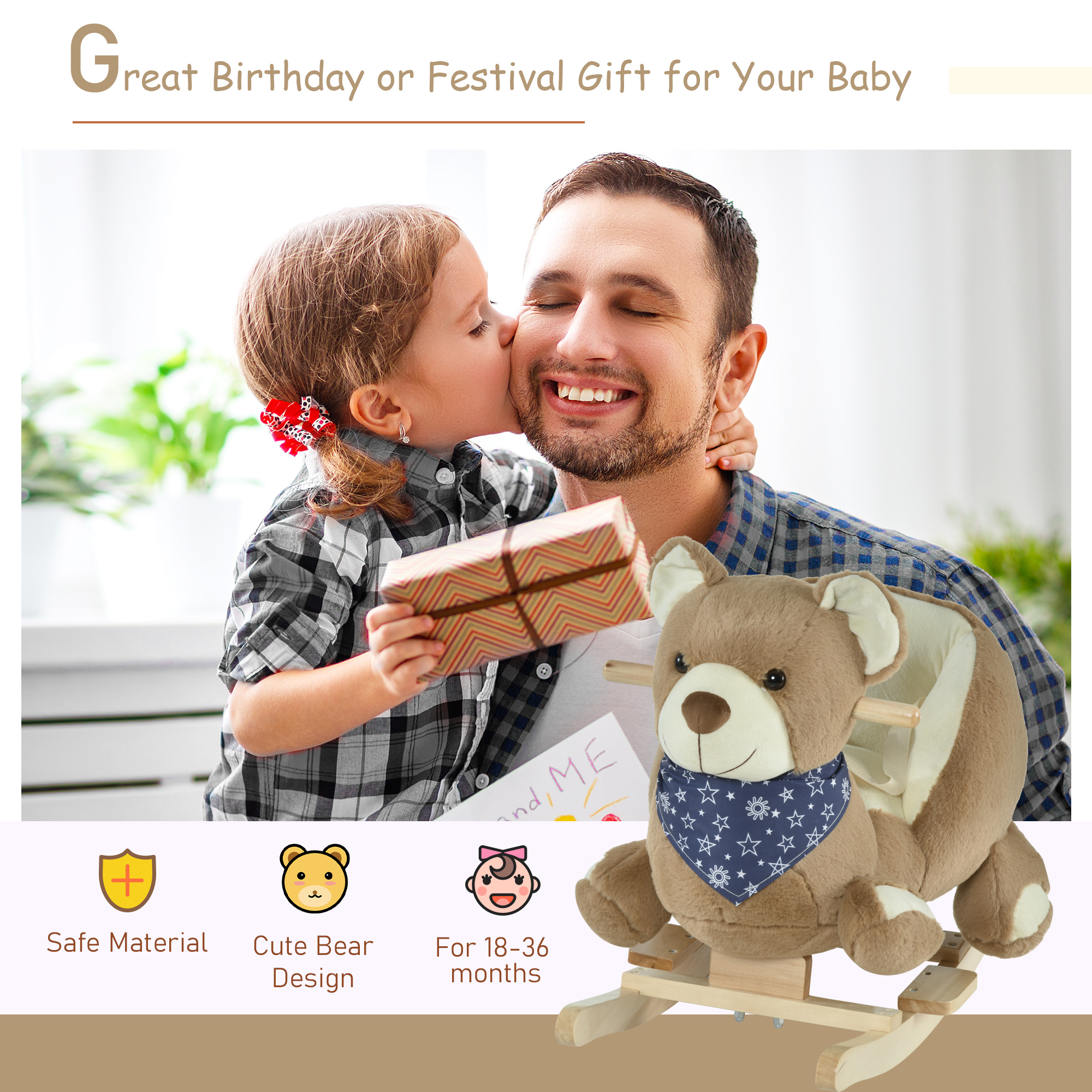 Baby Rocking Horse With Lullaby, Ride On Horse, Bear Themed Plush Animal Rocker With Pedals For Ages 18-36 Months, Easy To Assemble — imagen 2