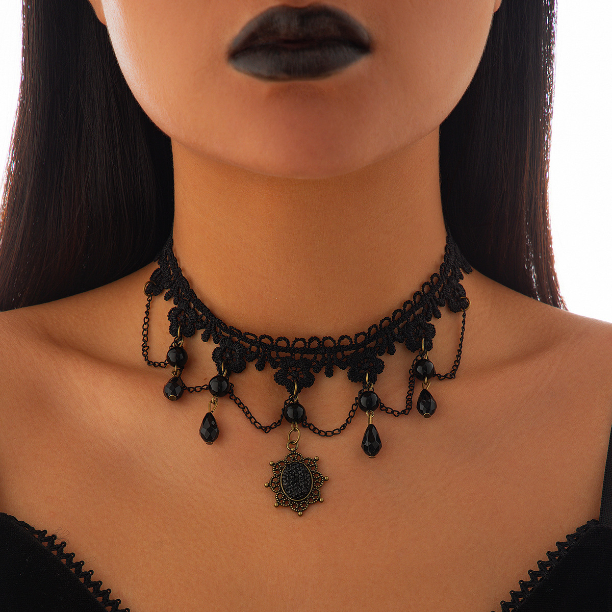 Collar de Cuerda con Red de Araña para Fiesta de Calabaza - Joya de Niña Fuego con Gotas de Cristal y Cadena de Clavícula — imagen 8