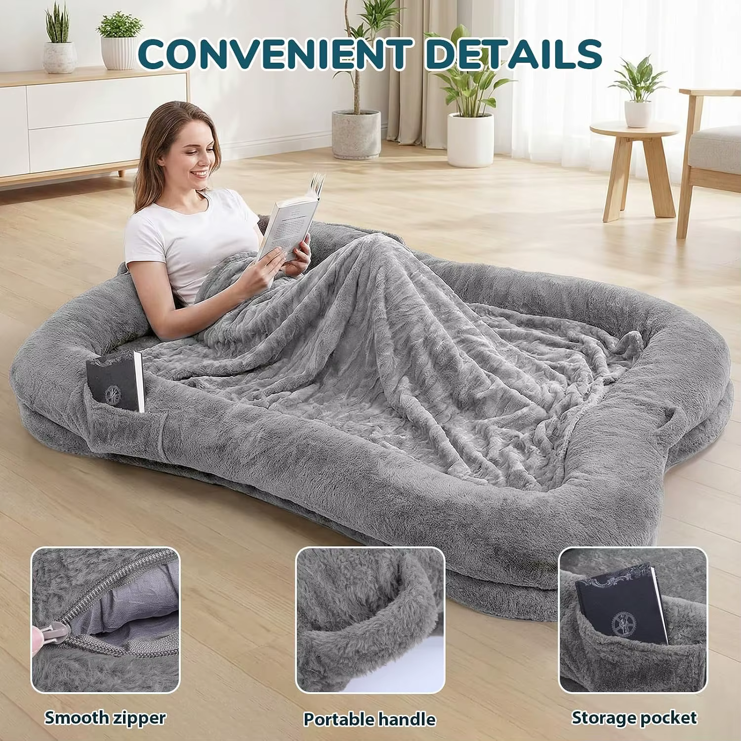 Human Dog Bed for Adults, 71''x45''x12'' Size Fits Adults & Pets, Gray | Washable Faux Fur, Non-slip Bottom Surface, Custom — image 5