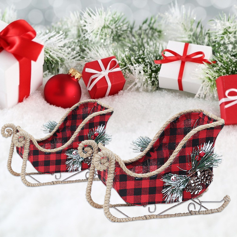 Christmas Decorative Iron Art Christmas Tree Branches Red and Black Plaid Fabric Decoration Reindeer Pulling Carriage Ornament — image 2