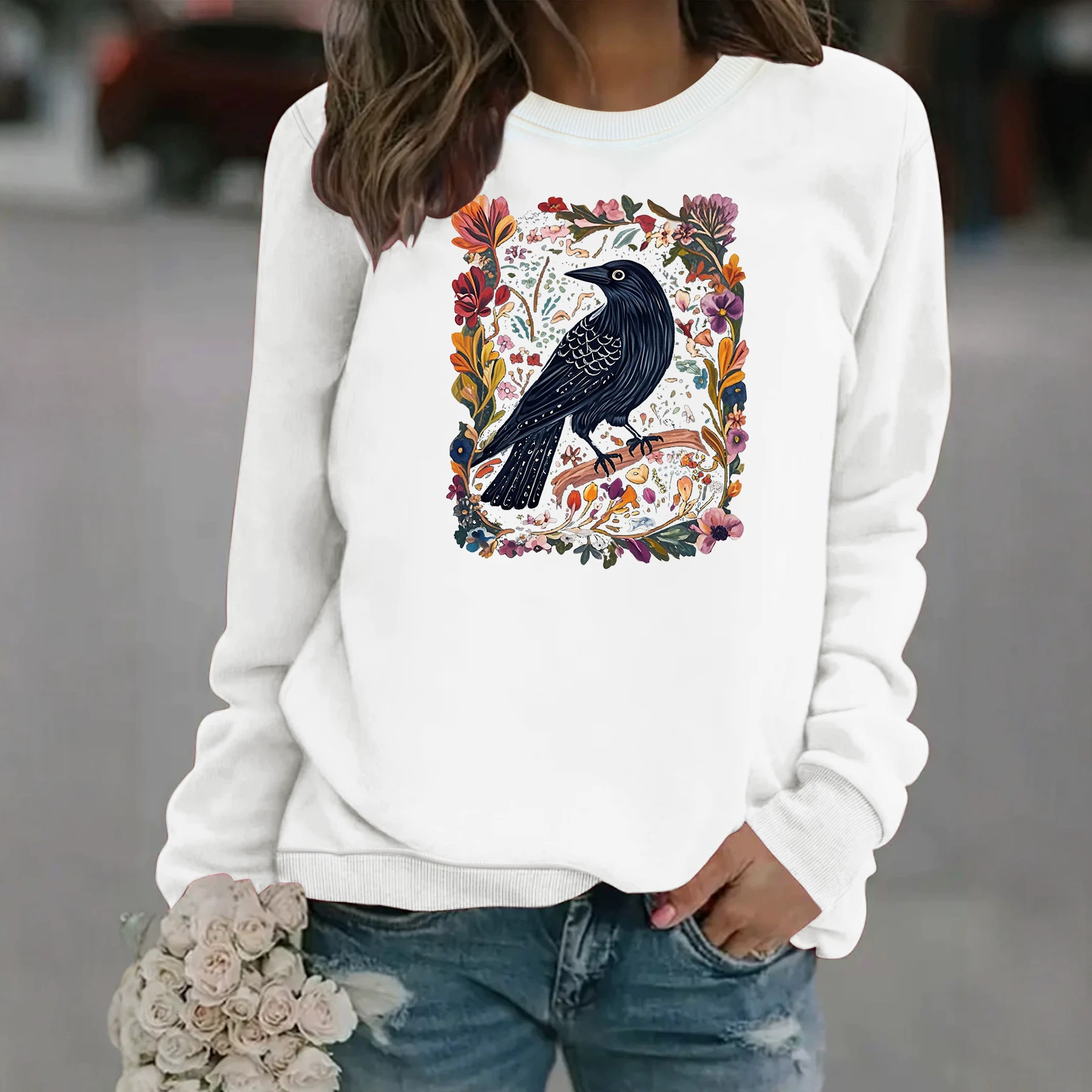 Crow print round neck fleece hoodie — image 4