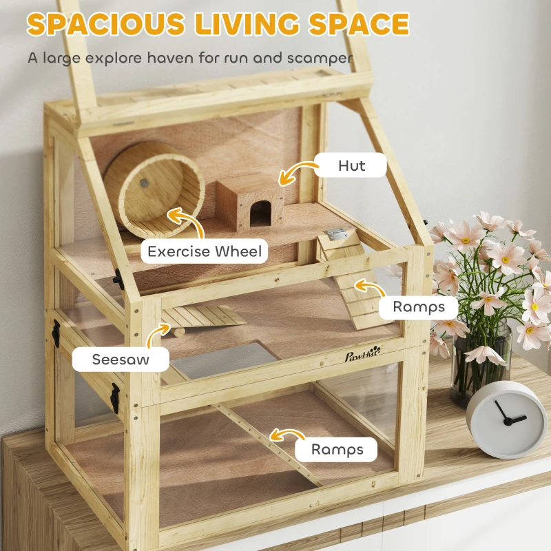 3 Tier Wooden Hamster Cage W Detachable Bottom, Hut, Seesaw, Exercise Wheel, Ramps — imagen 8