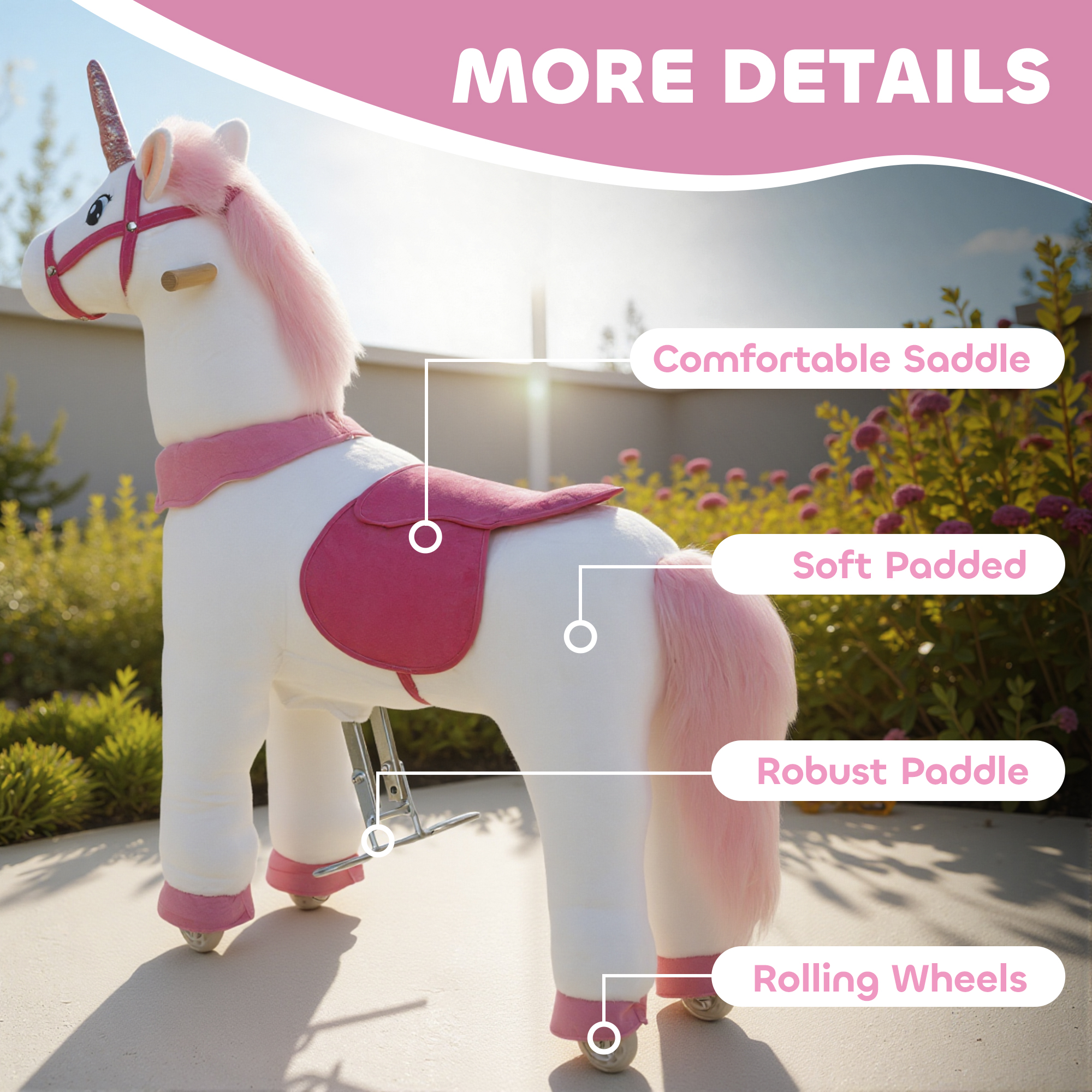 Ride on Unicorn Toy for Kids 4-7 Years, 37.8 Inch Plush Baby Rocking Horse with Wheels, No Battery Required, White — image 8