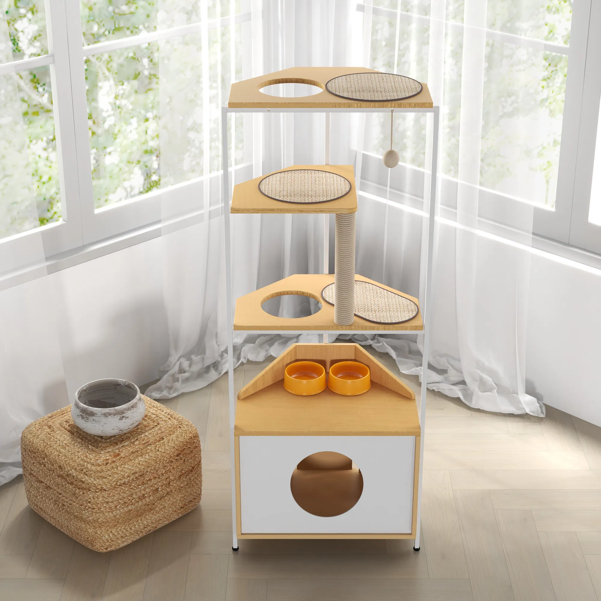 Corner Cat Tower, Cat Tree with Scratching Post, Cat Condo with Feeding Station and Climbing Platforms, Pet Furniture for Indoor Cats — image 14