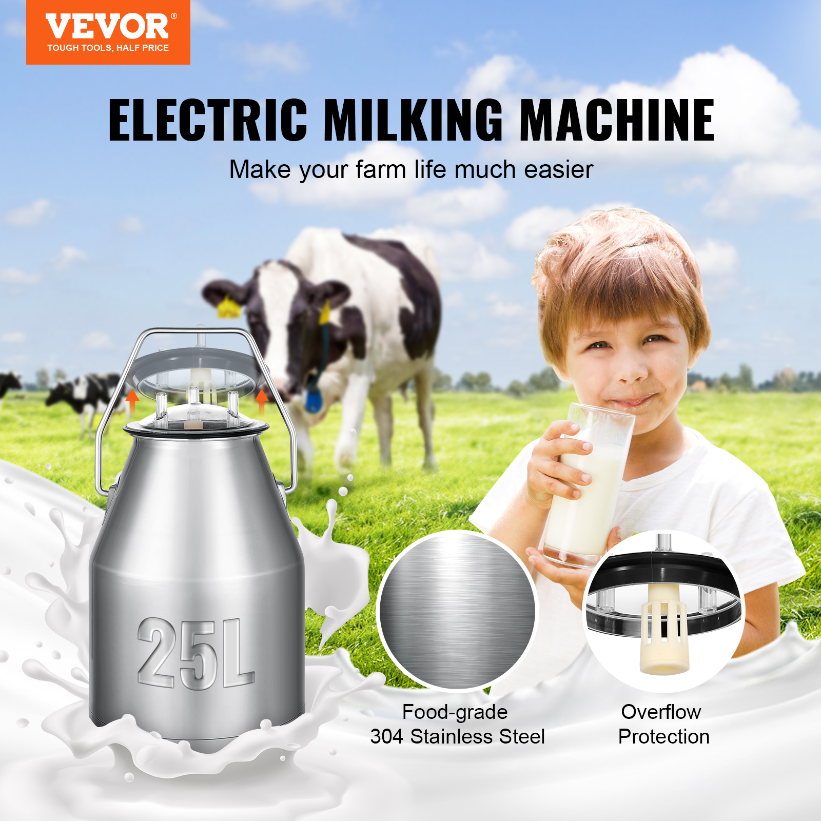 VEVOR Electric Cow Milking Machine, 6.6 Gal 25 L 304 Stainless Steel Bucket, Automatic Pulsation Vacuum Milker, Portable Milker With Food-grade Silicone Cups And Tubes, Adjustable Pressure