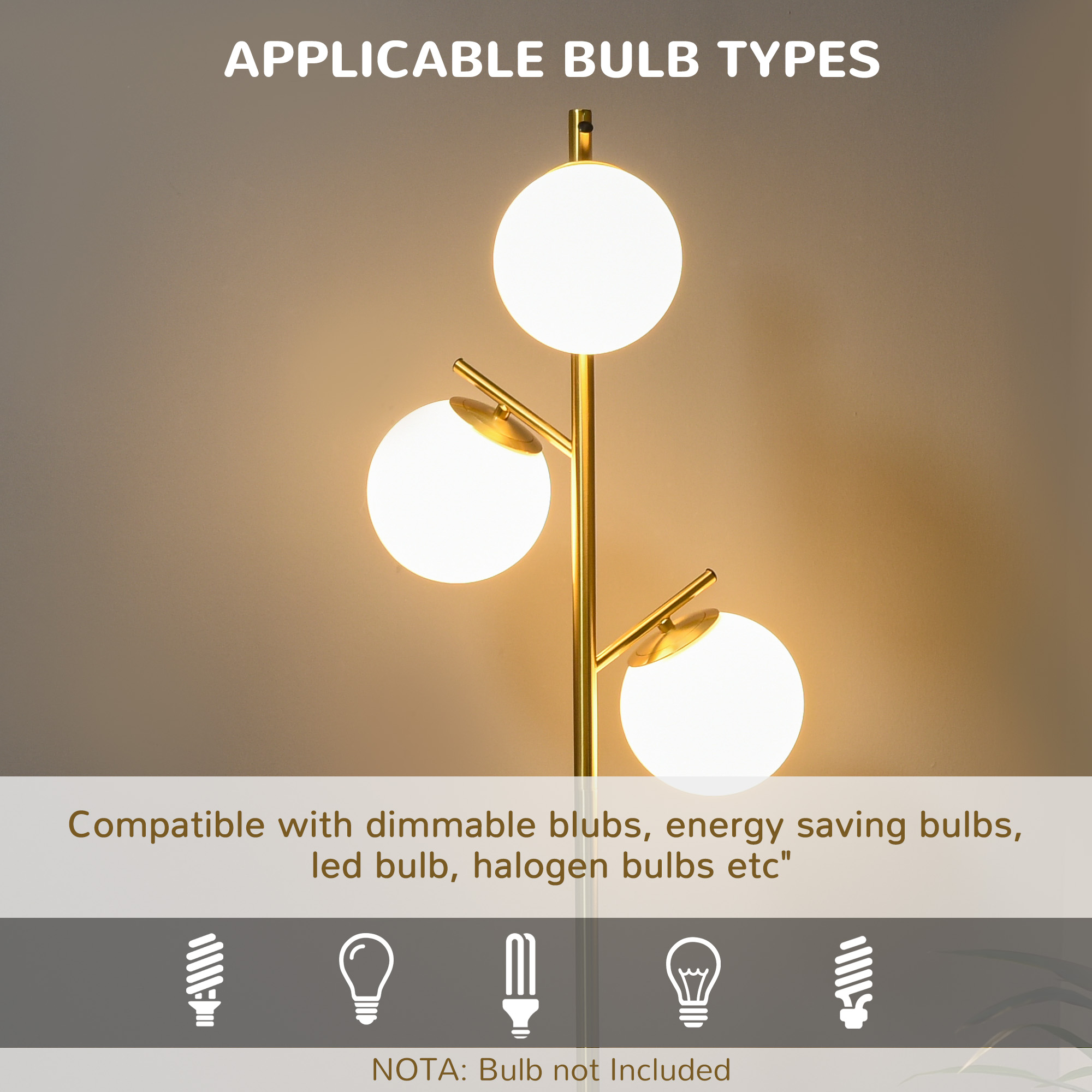 Modern 3-Light Floor Lamp for Living Room, Tree Standing Lamp with Globe Lampshades, 10.75"x10.75"x66.5", Gold — image 2