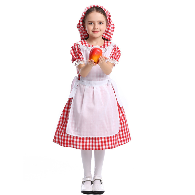 Children Red and White Checkered Cottage Maid Costume Apron and Headscarf Set Farm Theme Stage Performance Costume — image 1