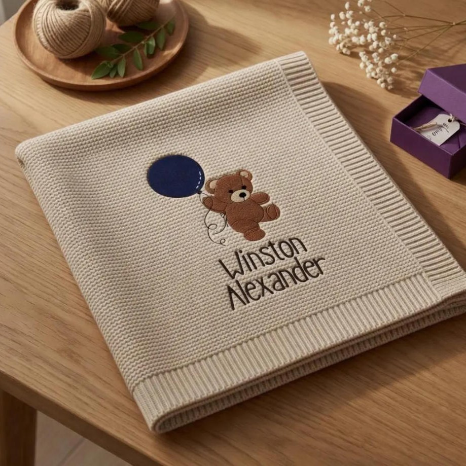 Cotton Knitted Baby Blanket with Embroidered Bear and Personalized Name, Soft Infant Car Seat Cover and Nap Blanket — image 6